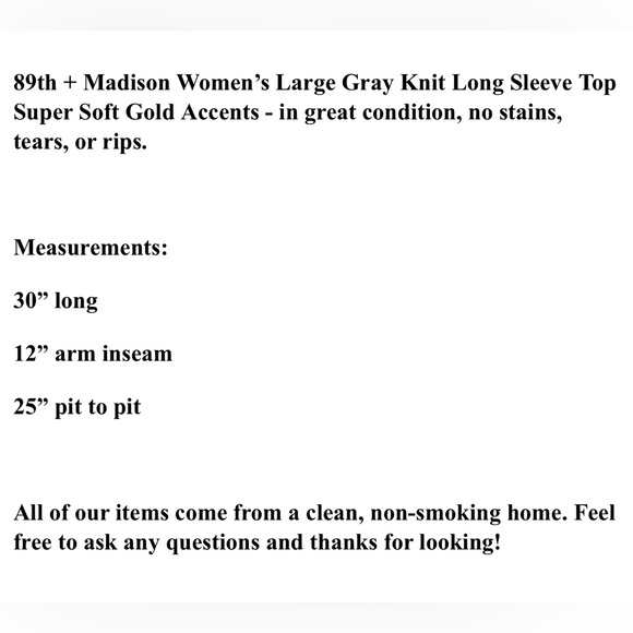 89th + Madison Women’s Large Gray Knit Long Sleeve Top Super Soft Gold Accents - Picture 8 of 8